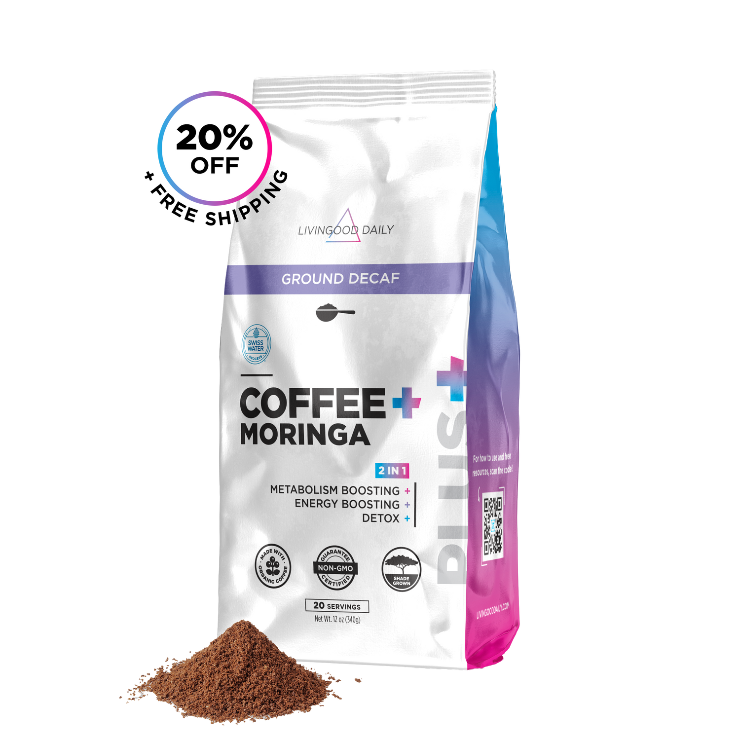 Livingood Daily Coffee + Moringa Ground Swiss Water Decaf - 1 Pack