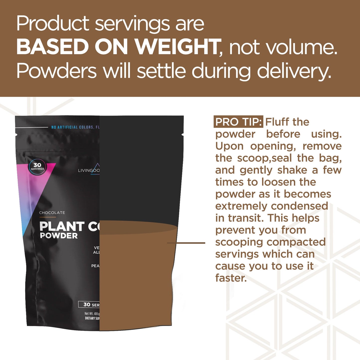 chocolate plant protein powder bag packaging with pro tip instructions