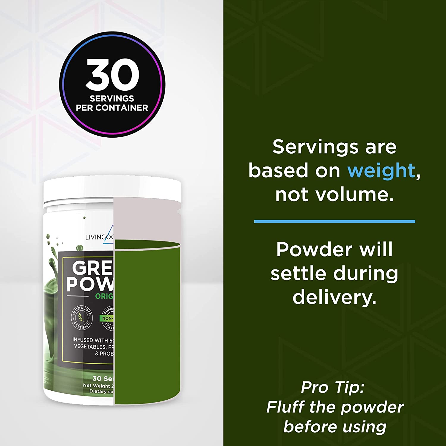 Green Superfood Powder Supplement container with informational text on serving size and settling warning.