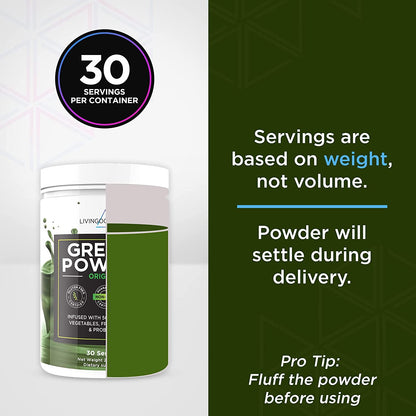Green Superfood Powder Supplement container with informational text on serving size and settling warning.
