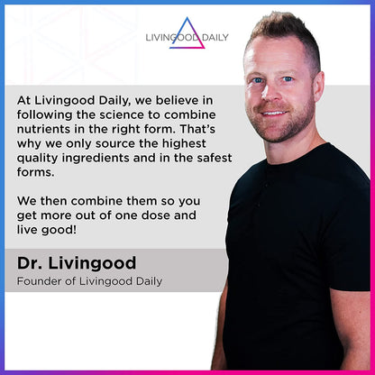 Dr. Livingood founder of Livingood Daily posing beside company text