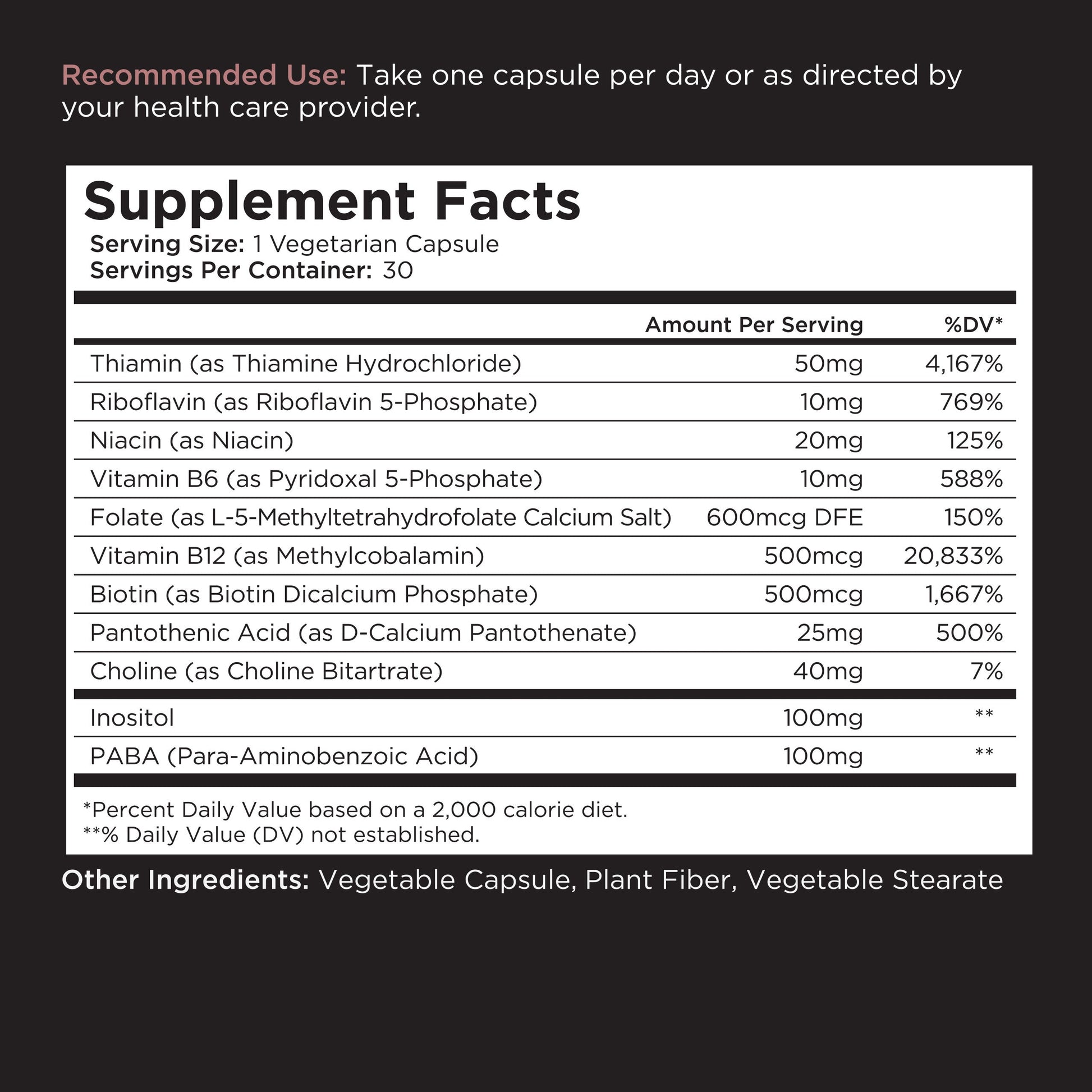 nutritional supplement facts label vegetarian capsule ingredients daily values