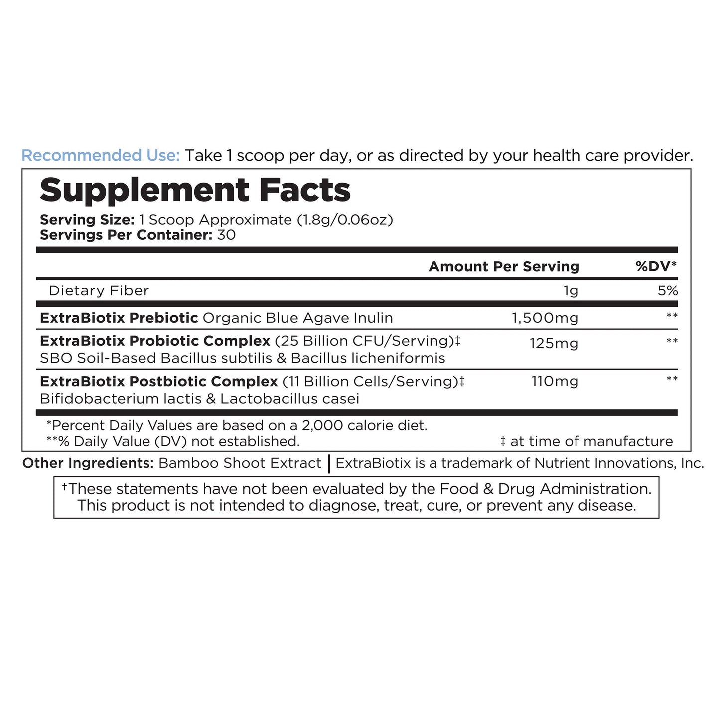 Supplement Facts label showing prebiotic and probiotic complex serving information.