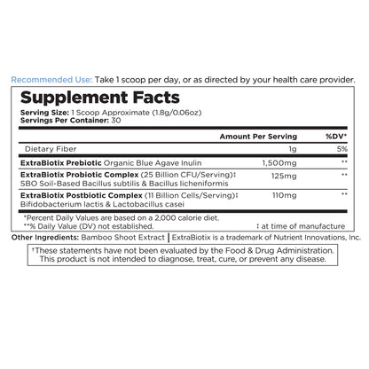 Supplement Facts label showing prebiotic and probiotic complex serving information.