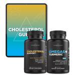 Cholesterol support supplements and Omega Turmeric capsules with e-book guide on tablet display.