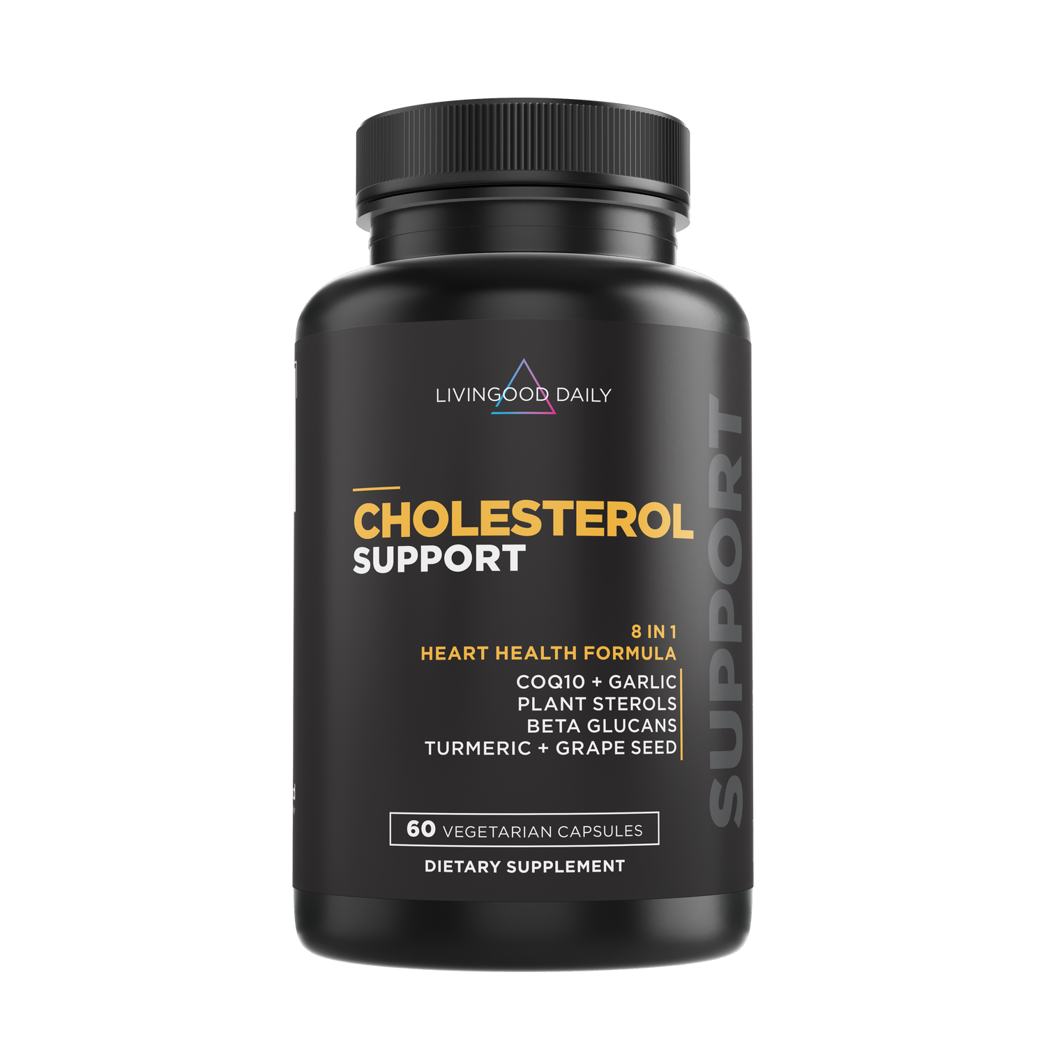 Living Good Daily Cholesterol Support dietary supplement bottle with heart health formula including COQ10, garlic, plant sterols, beta glucans, turmeric, grape seed, 60 vegetarian capsules.
