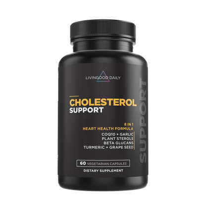 Living Good Daily Cholesterol Support dietary supplement bottle with heart health formula including COQ10, garlic, plant sterols, beta glucans, turmeric, grape seed, 60 vegetarian capsules.