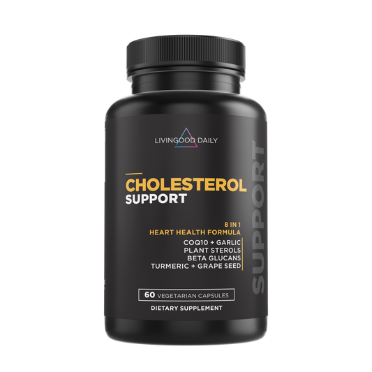 Living Good Daily Cholesterol Support dietary supplement bottle with heart health formula including COQ10, garlic, plant sterols, beta glucans, turmeric, grape seed, 60 vegetarian capsules.