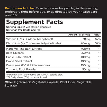Supplement facts label showing serving size, servings per container, ingredients, and daily values.