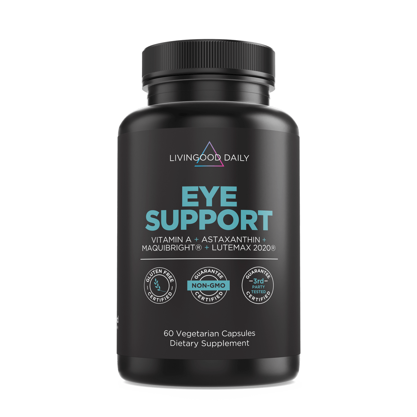 Living Good Daily Eye Support supplement bottle with Vitamin A, Astaxanthin, MaquiBright, Lutemax, gluten-free, non-GMO, 60 vegetarian capsules
