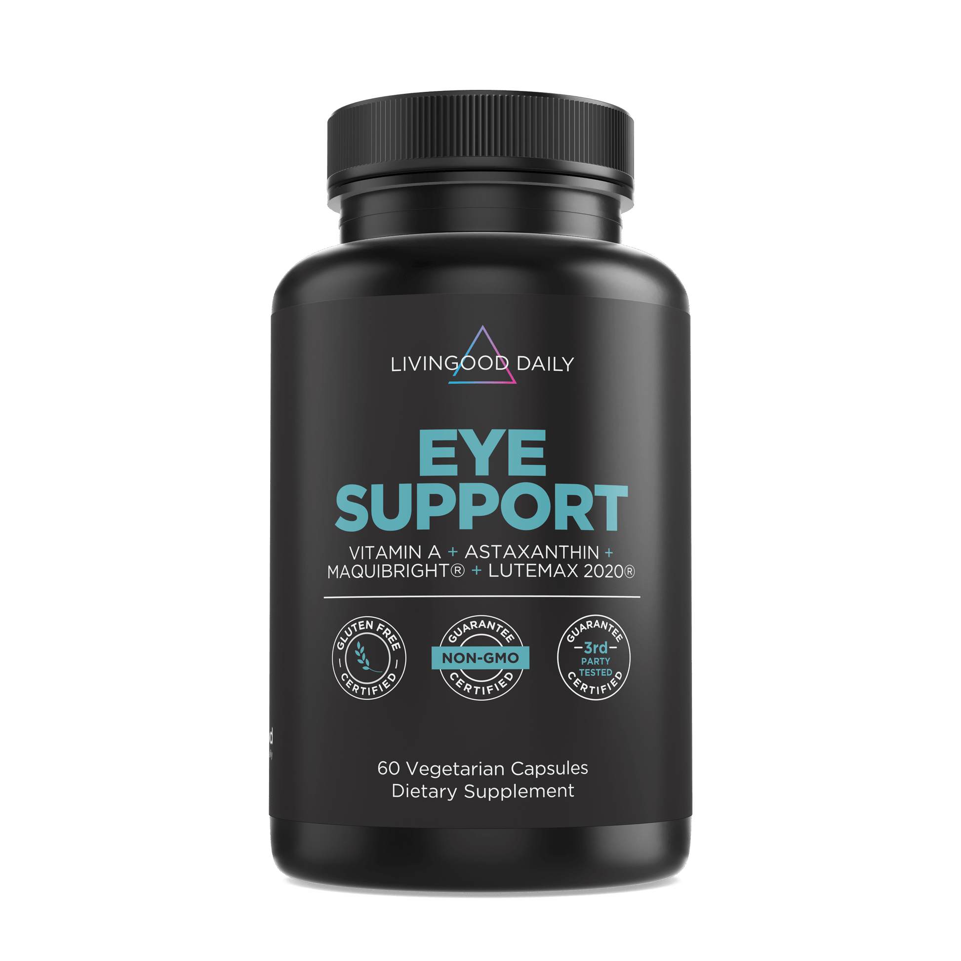Living Good Daily Eye Support supplement bottle with Vitamin A, Astaxanthin, MaquiBright, Lutemax, gluten-free, non-GMO, 60 vegetarian capsules
