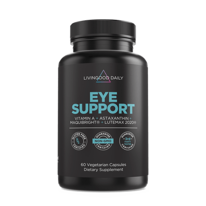 Living Good Daily Eye Support supplement bottle with Vitamin A, Astaxanthin, MaquiBright, Lutemax, gluten-free, non-GMO, 60 vegetarian capsules