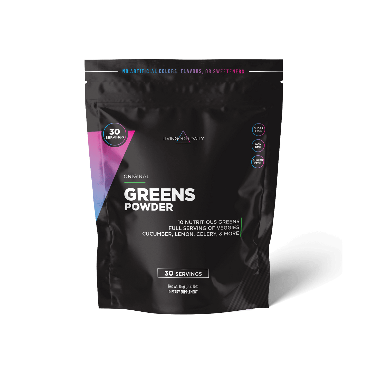 Original Greens Powder dietary supplement bag with no artificial colors, flavors, or sweeteners