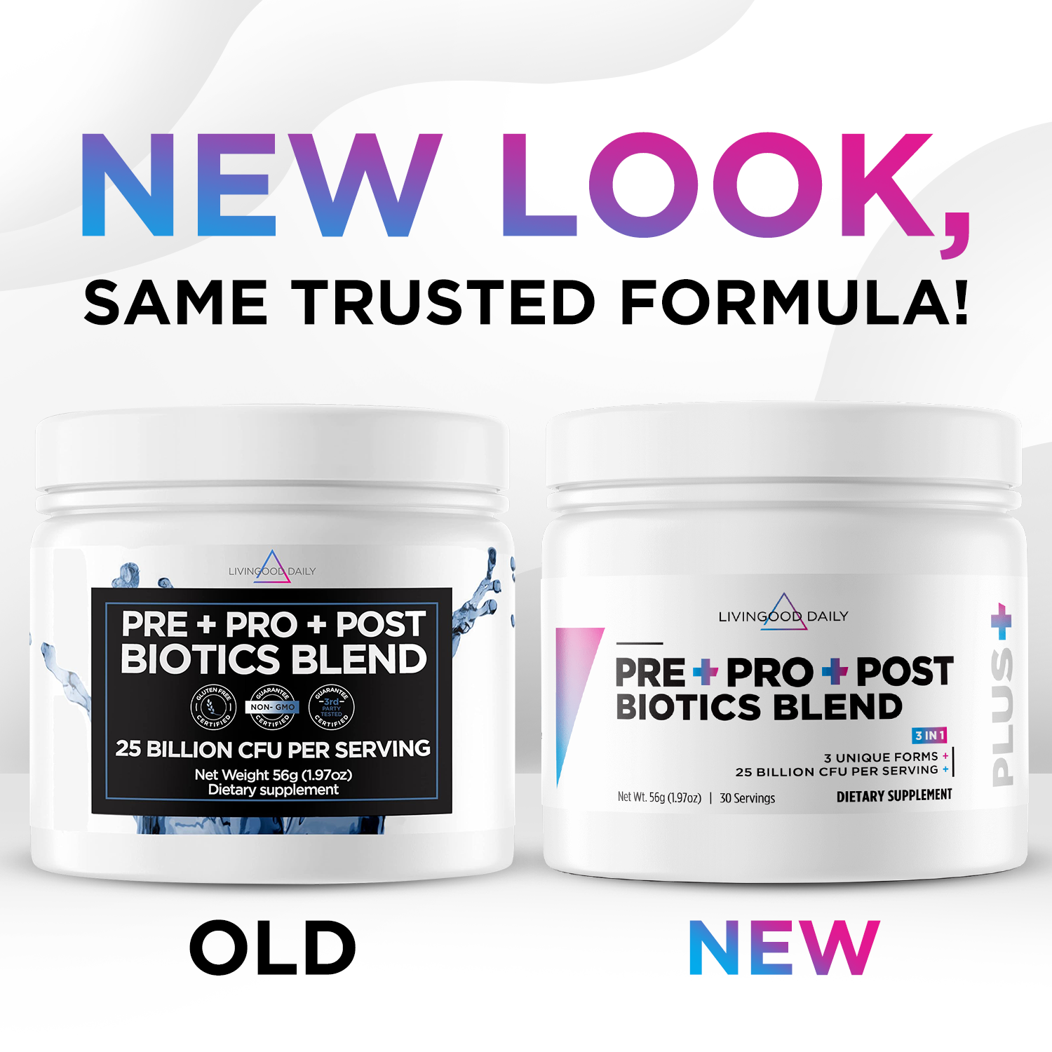 New prebiotics and probiotics supplement packaging comparison, old versus new design.