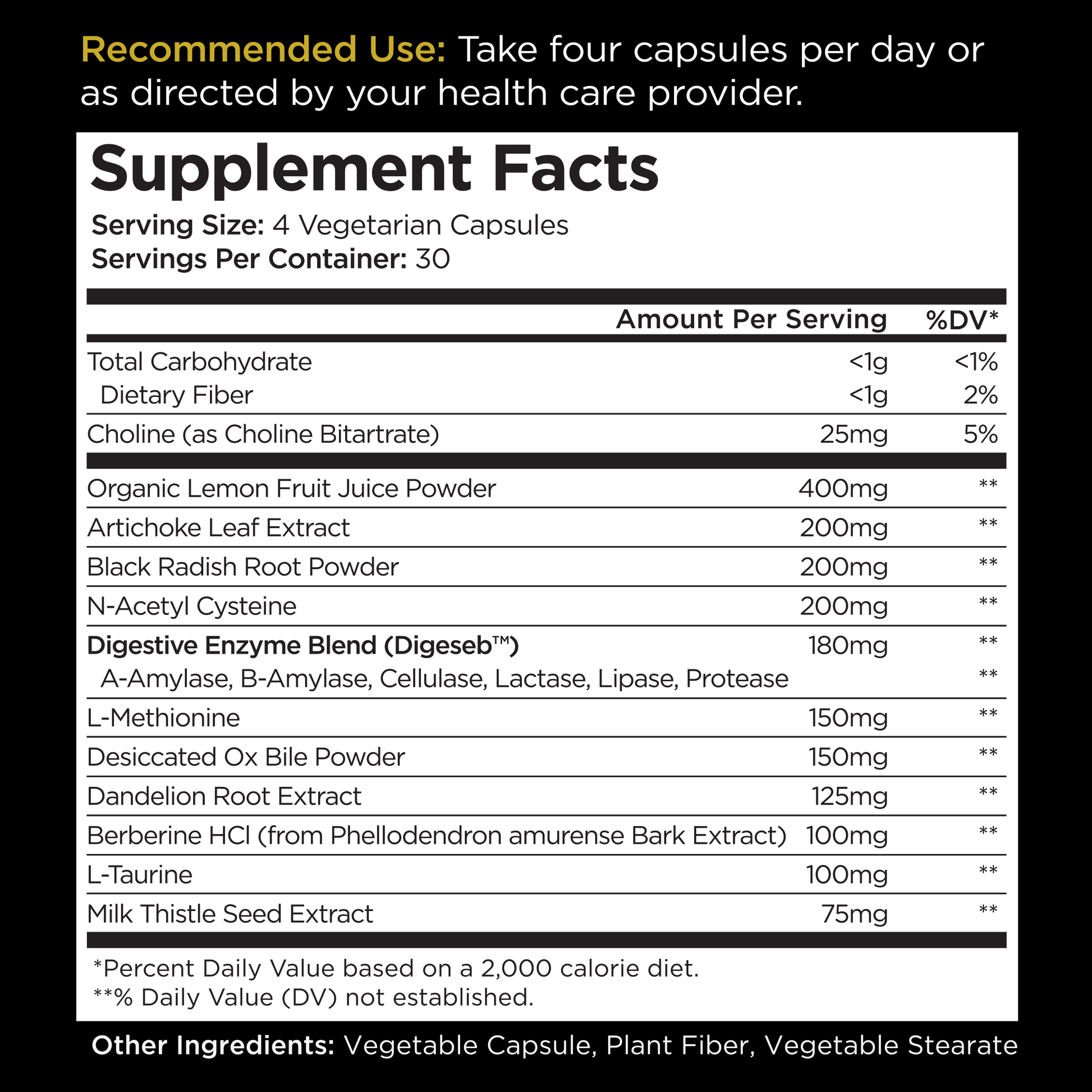 Nutritional supplement facts label, dietary ingredients list, recommended use information, vegetarian capsules.