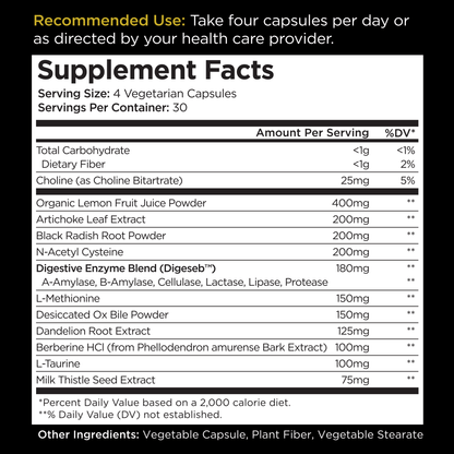 Nutritional supplement facts label, dietary ingredients list, recommended use information, vegetarian capsules.