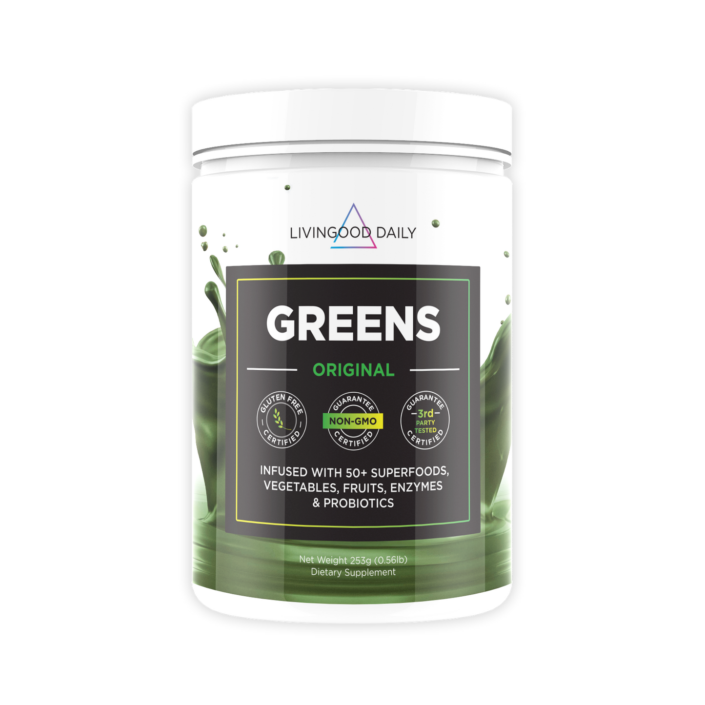 Livingood Daily Greens dietary supplement container with superfoods vegetables fruits enzymes probiotics