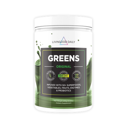 Livingood Daily Greens dietary supplement container with superfoods vegetables fruits enzymes probiotics