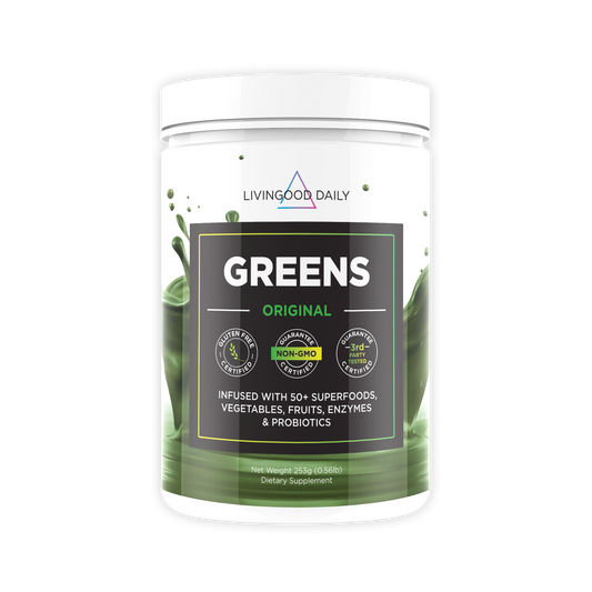 Livingood Daily Greens dietary supplement container with superfoods vegetables fruits enzymes probiotics