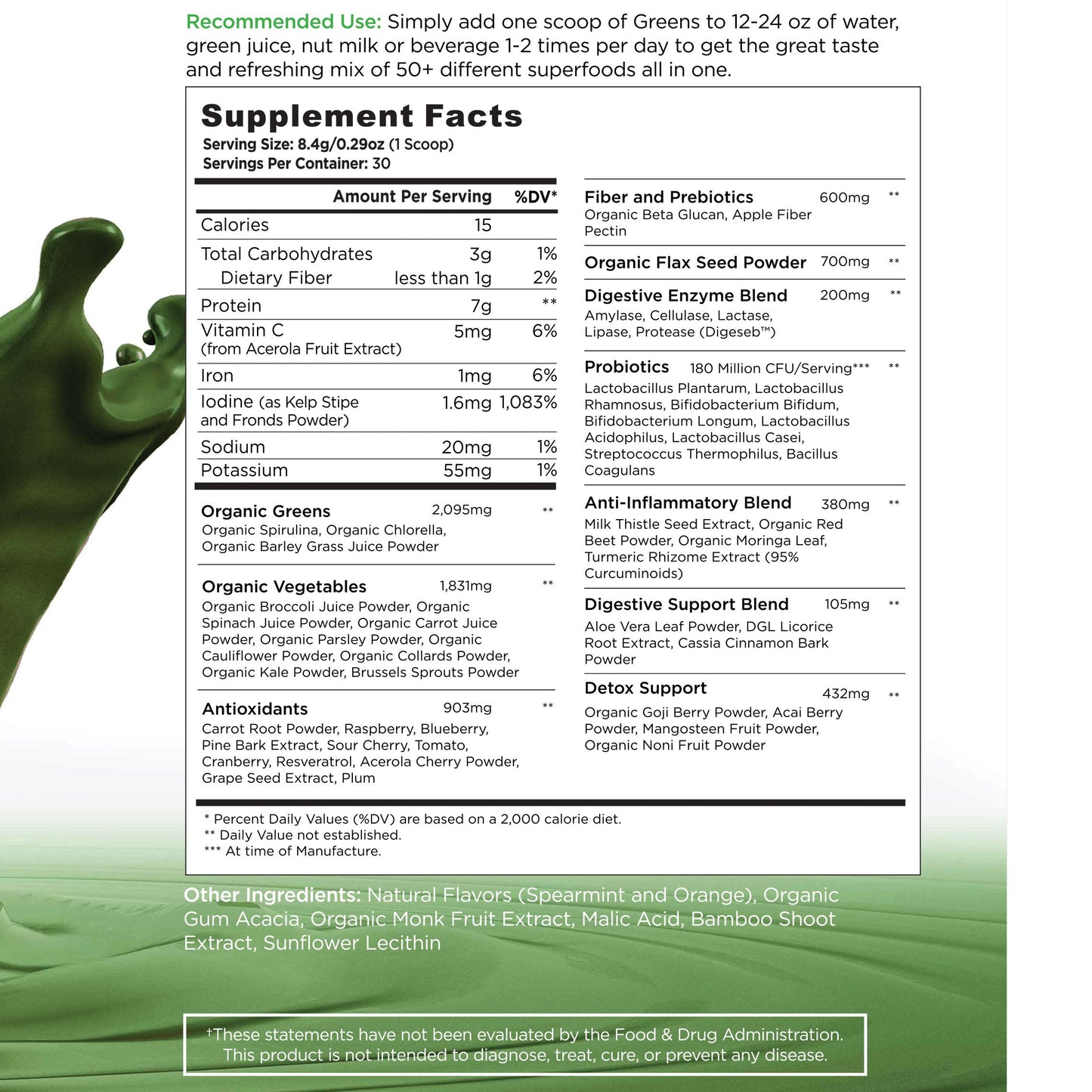 Supplement facts label of a green juice mix with nutritional information and ingredients.
