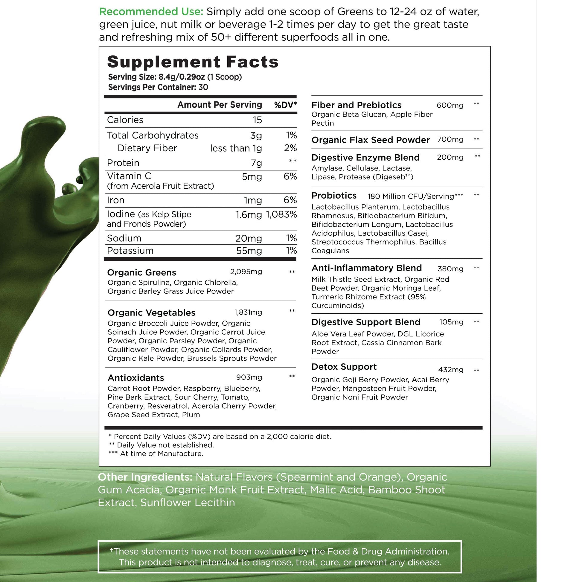 Supplement facts label of a green juice mix with nutritional information and ingredients.