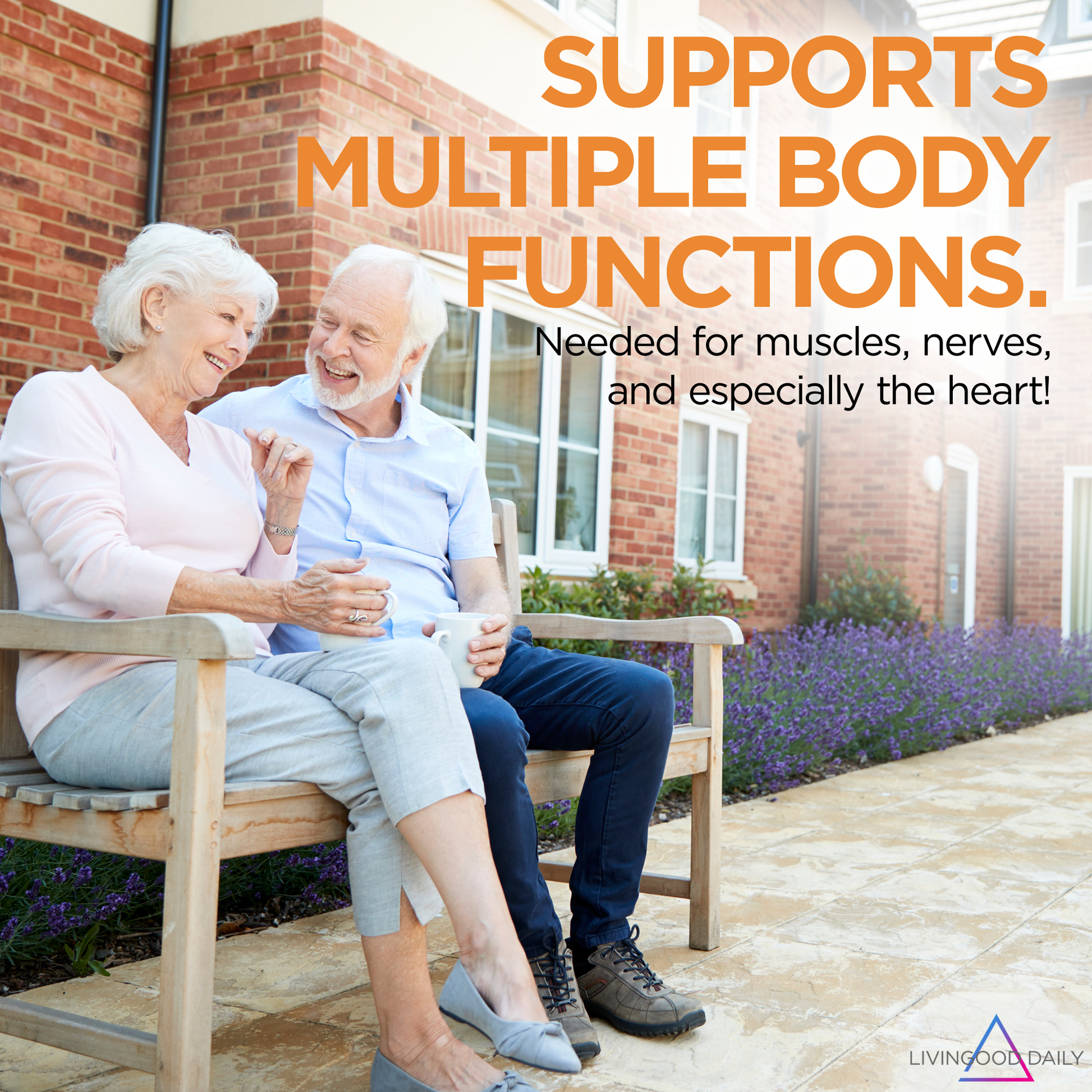 elderly couple sitting on bench laughing health supplement advertisement