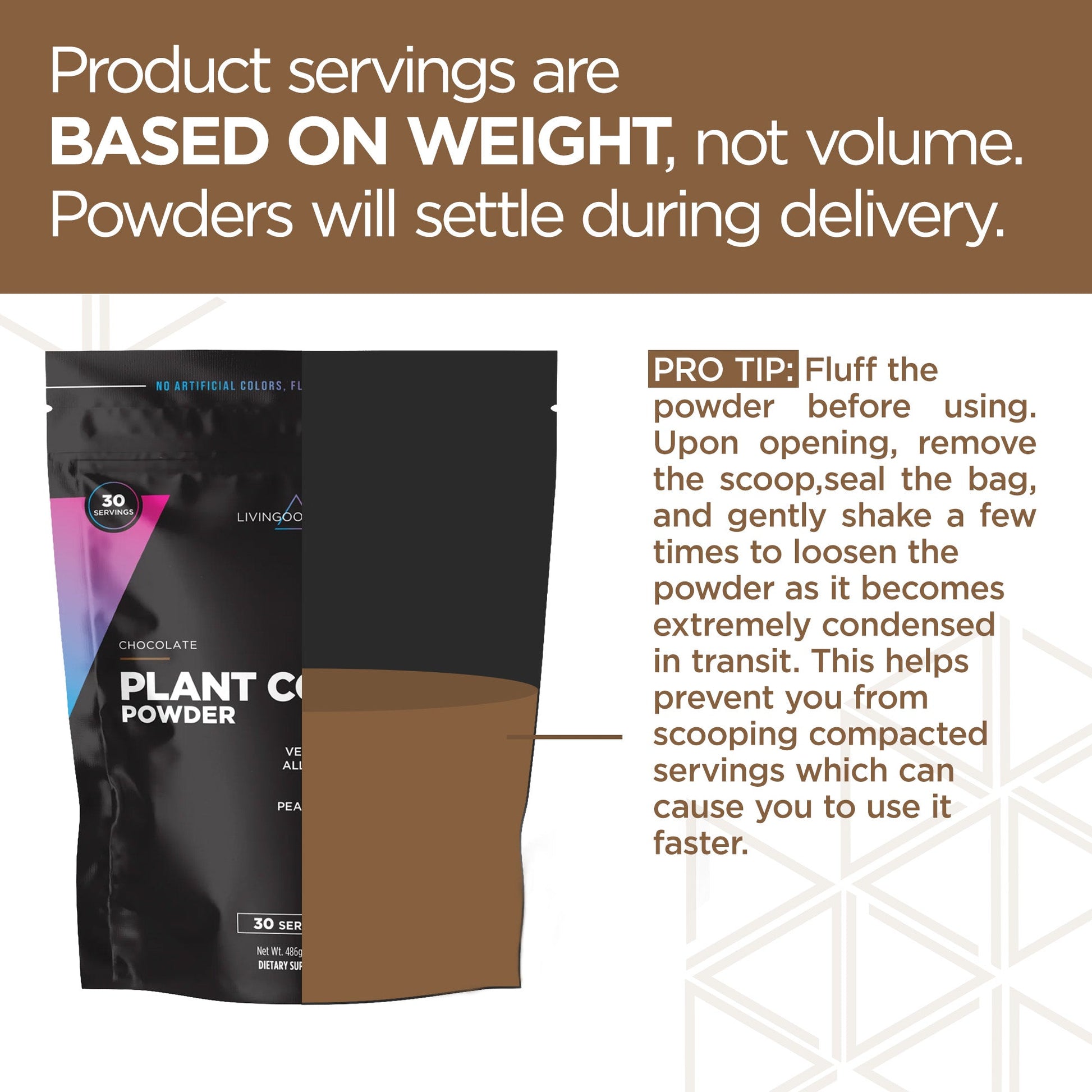 chocolate plant protein powder bag packaging with pro tip instructions