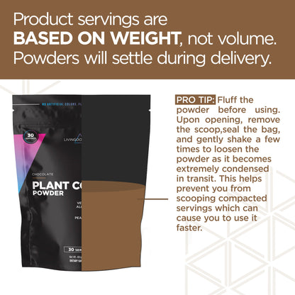 chocolate plant protein powder bag packaging with pro tip instructions