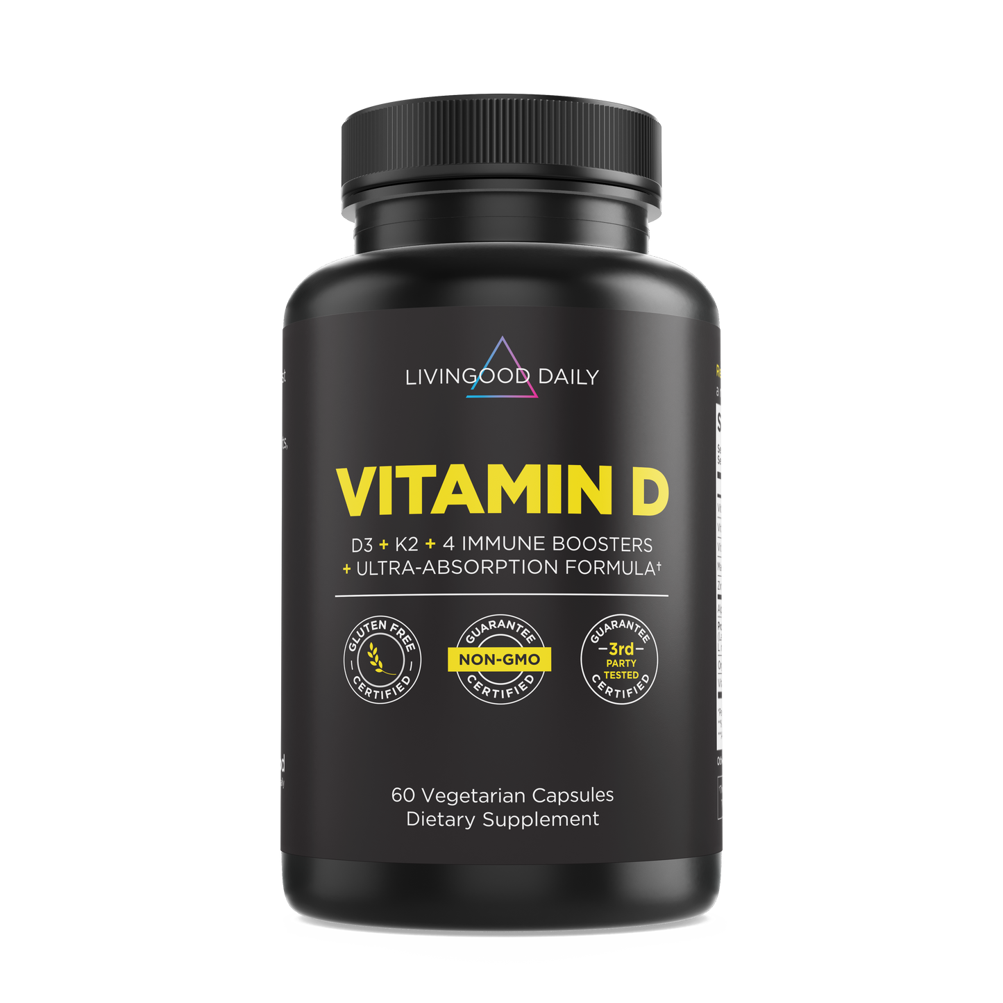 LivingGood Daily Vitamin D supplement bottle with D3, K2, immune boosters, non-GMO, gluten-free certification, 60 vegetarian capsules