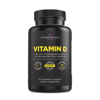 LivingGood Daily Vitamin D supplement bottle with D3, K2, immune boosters, non-GMO, gluten-free certification, 60 vegetarian capsules
